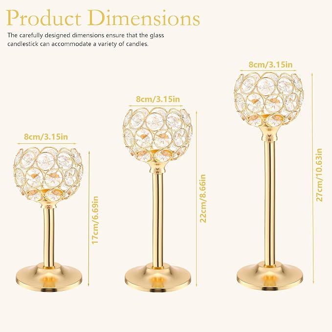 Gold Crystal Tealight Candle Holder Set of 3, Elegant Gold Candles Table Centerpieces, Tall Bling Bowl Candelabra Decor for Wedding, Dining Table, Fireplace Mantel & Party Decoration