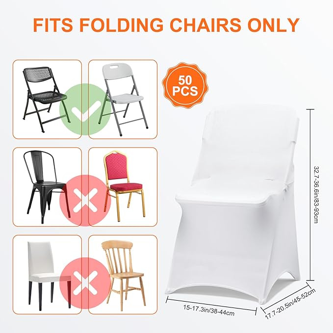 50 Pack White Folding Chair Covers for Party, Spandex Chair Covers for Wedding, Stretch Seat Cover 50 Pieces, Universal Fitted Polyester Slipcovers for Dining Chairs, Parties & Banquet (50 PCS)