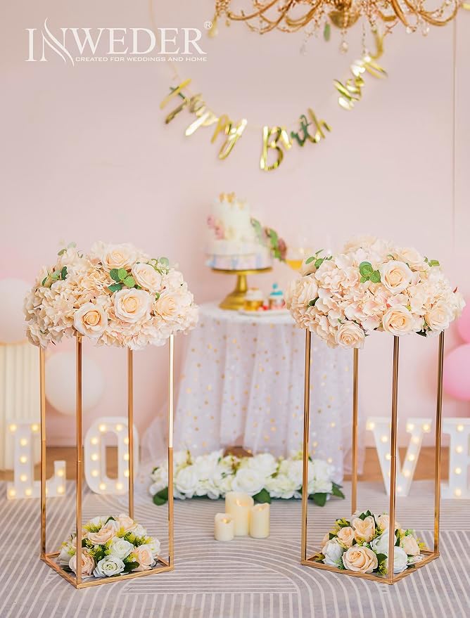 Gold Tall Stand for Wedding: 23.6in, With Metal Panel, Packs of 2 | Columnar Cube Shape, Easy to Assembly, Flowers Cakes Drinks Display Table Centerpieces for Wedding Party Event
