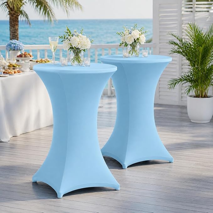 Cocktail Table Covers - 2 Pack 32x43 Inch Table Cloth - Light Blue Fitted Stretch Spandex Round High Top Tablecloth for Party, Bar, Birthday, Pub, Banquet
