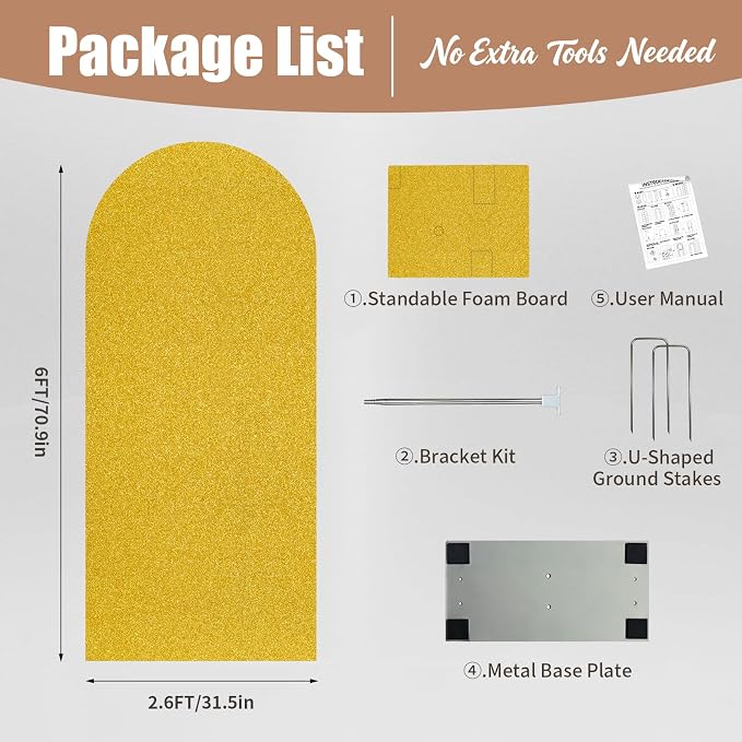 6FT Arch Backdrop with Stand Set, No-Tip Stability Foam Board Photo Booth Background for Wedding Birthday Party Ceremony Baby Shower Banquet Decoration Reusable - Gold