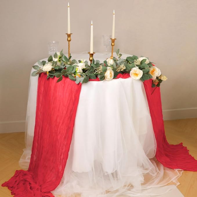 Snowkingdom 10 Ft Red Valentine's Day Cheesecloth Table Runner, 120 inch Long Boho Gauze Runner for Wedding Bridal Baby Shower Birthday Holiday Table Decorations