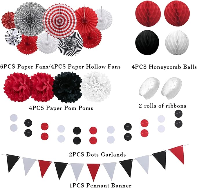 Red and Black Party Decorations, 23Pcs Hanging Paper Fans Party Decoration with Honeycomb Balls and Pom Poms Flowers for Birthday Wedding Graduation Game Night Boy Girl Party Decorations