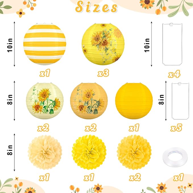 13PCS Sunflower Decor Paper Lanterns Pom Poms Summer Hanging Decor for Home Garden Indoor Outdoor