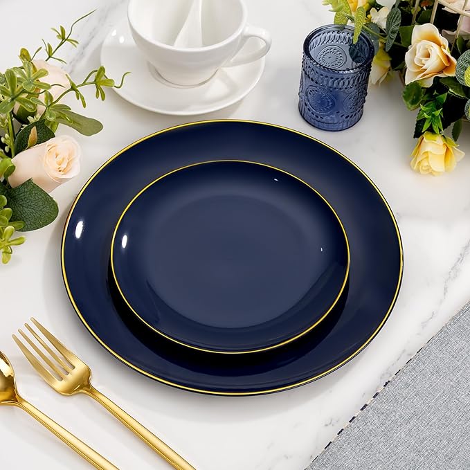 bUCLA 150PCS Blue and Gold Plastic Plates - 25 Guests Navy Blue Plastic Dinnerware Disposable for Party and Graduation - Include 25 Dinner/Dessert Plates, 25 Knives, 25 Forks, 25 Spoons, 25 Cups