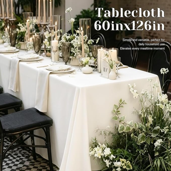 WIGENIUS 2 Pack White Table Cloth Rectangle Tablecloths 60X126 Inch,Polyester Table Cloth for 8 Foot Rectangle Tables,Wrinkle Resistant Washable Fabric Table Covers for Party,Wedding Banquet