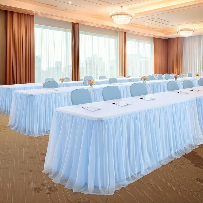 Baby Blue Tulle Tablecloth Table Skirt for 6 Foot Rectangle Tables, Baby Shower Blue Table Cloths Ruffle Tutu Table Skirt Stretch Fitted Table Covers for Wedding Birthday Party Reception Celebration