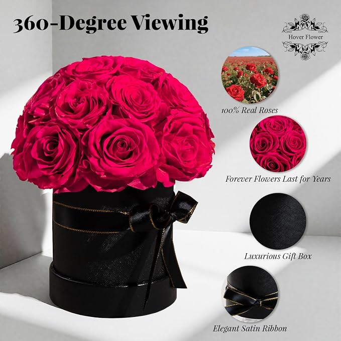 18 Preserved Flowers for Delivery Prime, Roses Dome Forever Flower Decor for Party Home Table Bedroom, Anniversary, Birthday, Wedding Gifts for Women Her (Hot Pink)