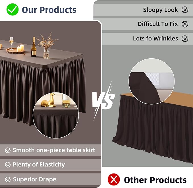 PARTISKY 2 Pack Chocolate Tablecloths for Rectangle Tables 8ft, Wrinkle Resistant Spandex Table Cover Fitted Stretch Table Cloth with Pleated Ruffle Skirts for Party Banquet Dining Birthday Wedding