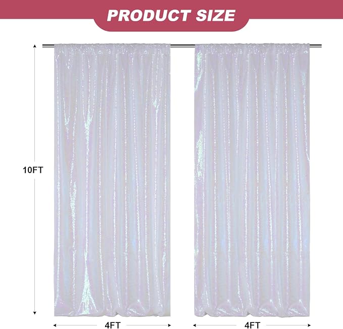 SquarePie 2 PCS 4x10ft Iridescent Sequin Backdrop for Photography, Extra Long Satin-Backed Real Sequin Curtain, High-Density Shimmering Background with 4" Rod Pocket for Wedding Ceremony, 2 Panels
