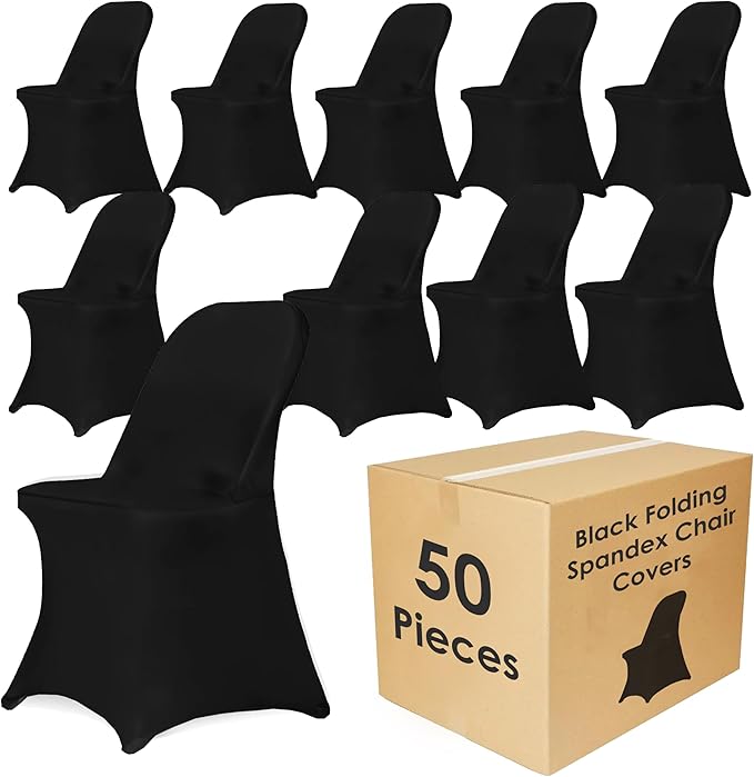 Craft And Party 50 Pack Black Spandex Folding Chair Covers, Stretch Polyester Slipcovers for Wedding, Party & Dining Chairs – Flat Front Design, Universal Fit