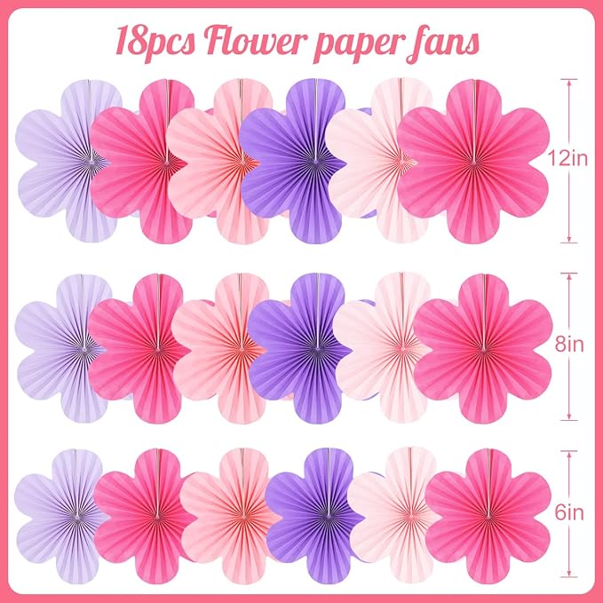 DODOKIM Paper Fans Party Decorations Paper Flowers Decorations for Wall Floral Backdrop Classroom Baby Shower Birthday Party Flower Wall Decor Pack of 18 Pink Purple