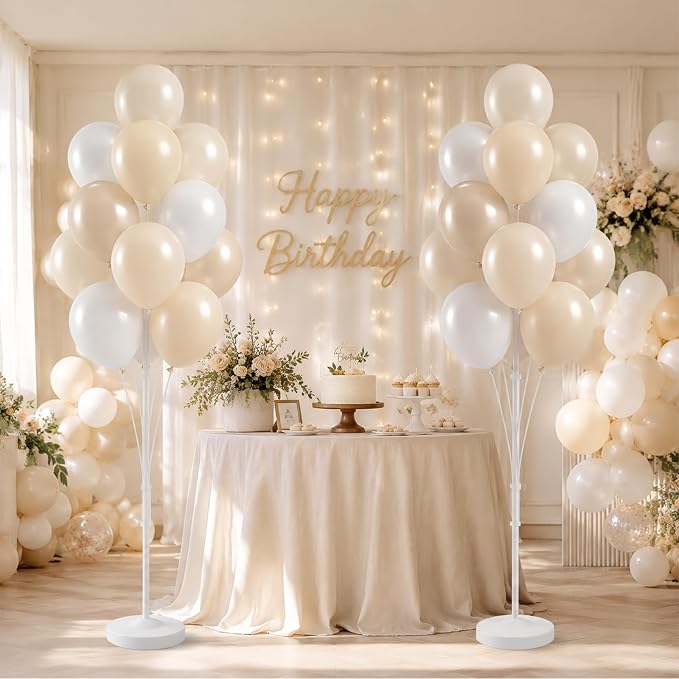 Balloon Column Stand Kit,2 Sets of Assorted Rainbow Balloon Tower Pillar with 10inch Bright Color baloon Reusable Design for Grirls Party,Birthday, Wedding,Baby Shower (Pearl Ivory White)