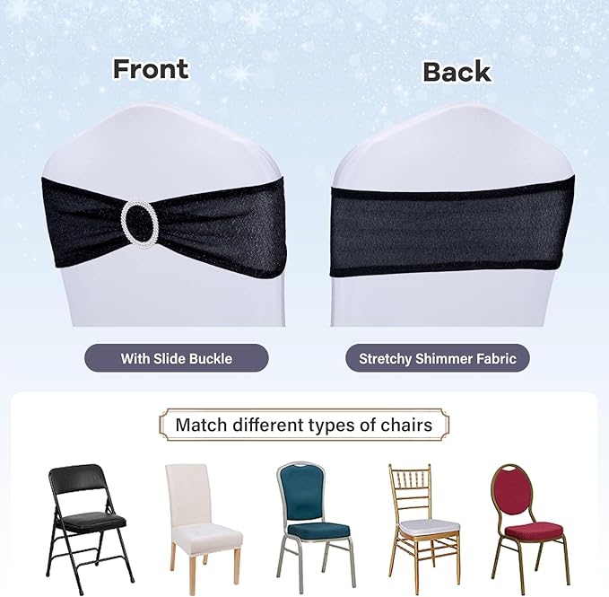 SquarePie Pack of 10 Black Chair Sashes Bows with Buckle Slider Universal Elastic Spandex Bands Ties for Banquet Event Decor