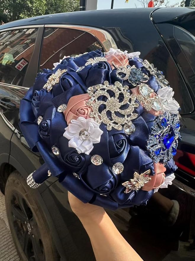 Bridal Wedding Bouquet with Luxury Rhinestone Brooch Bling Bouquet for Bride Bridesmaid Quinceanera Satin Rose Flower Bouquet Wedding Dusty Pink and Navy Blue 8.3in