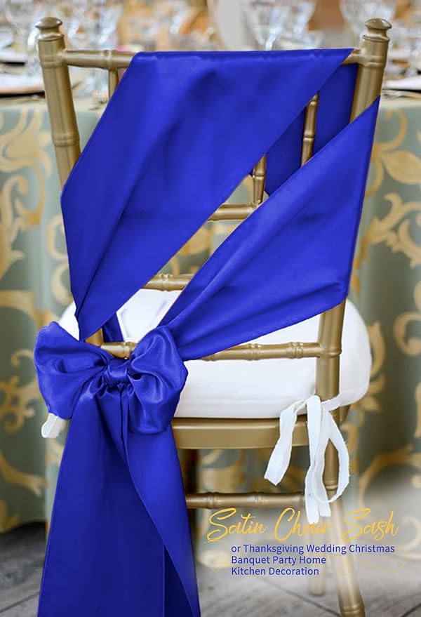 60 PCS Royal Blue Satin Chair Sashes, Ties Bows Designed Chairs Decorative, Chair Cover Sashes for Thanksgiving Wedding Christmas Banquet Party Home Kitchen Decoration (7 x 108 inch)