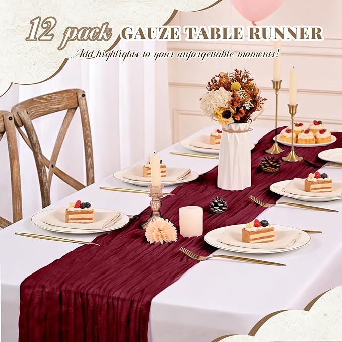 Pesonlook 12 Pack Cheesecloth Table Runner,Burgundy Table Runner Long Romantic Semi Sheer Rustic Boho Gauze Table Runners for Wedding Bridal Shower Birthday Party Decorations(17.7×108 Inch)