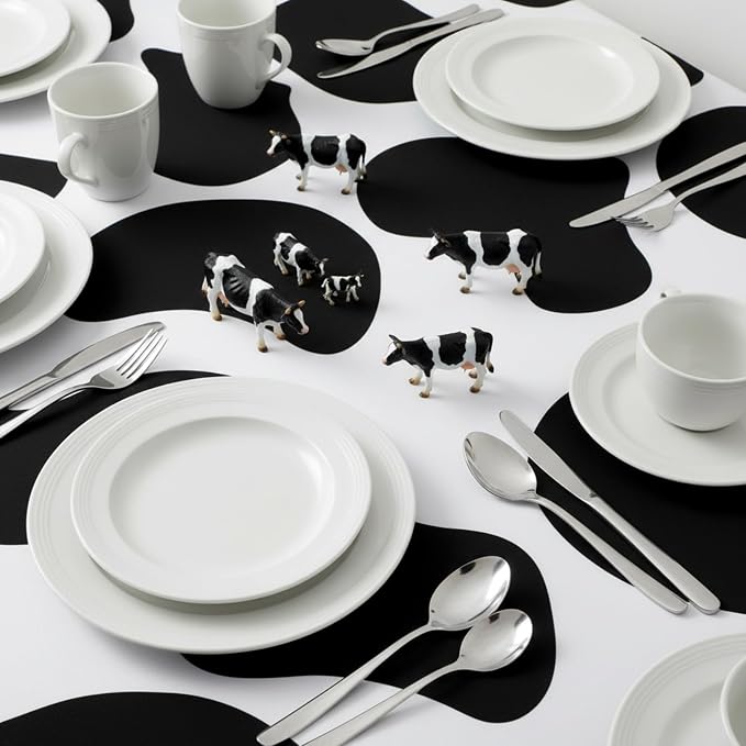 Frienda 2 Pcs Cow Pattern Tablecloth Stretch Spandex Black and White Cow Pattern Table Cover 71 x 30'' Rectangle Tablecloth for Farm Animal Themed Birthday Baby Shower Party Decorations
