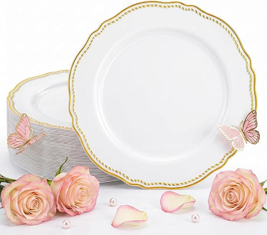 Hioasis 60pcs Gold Plastic Plates - White and Gold Disposable Dinnerware with Gold Rim, Heavy-duty, 10 inch, Dinner Plates for Party & Wedding & Mothers Day
