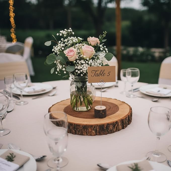 Amyhill Wedding Table Centerpieces 6 Wood Slices 12 Wood Place Card Holders 30 Kraft Place Cards Natural Wooden Table Number Holders Rustic Food Labels Sign Name Card Picture Holder with Swirl Wire