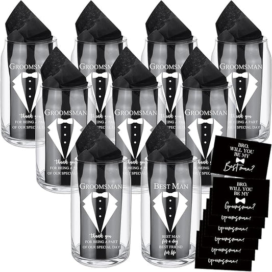 Nuanchu Set of 7 Groomsman Proposal Gifts Best Man Gift Beer Glass Set with Tuxedo Glasses Will You Be My Groomsman Cards Tissue Paper for Bachelor Party(16 oz,Beer Glasses)