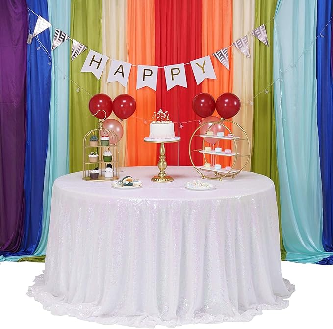Sequin Tablecloth for Parties 132 Inch - Sparkle Glitter Cloth Round Table Cover Overlay for Wedding Baby Shower Ceremony Birthday Cake Table Holiday Banquet Decoration(Iridescent)