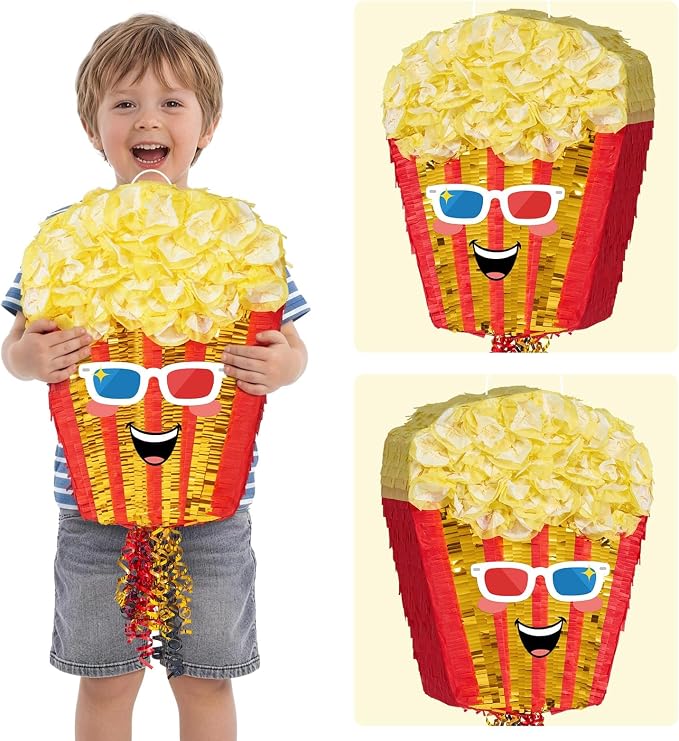 WERNNSAI Popcorn Piñata - Pull String Piñata with Stick and Blindfold, for Video Movie Night Holiday Celebration, Parties Carnivals Games Supplies (16.5"x12.4"x3")