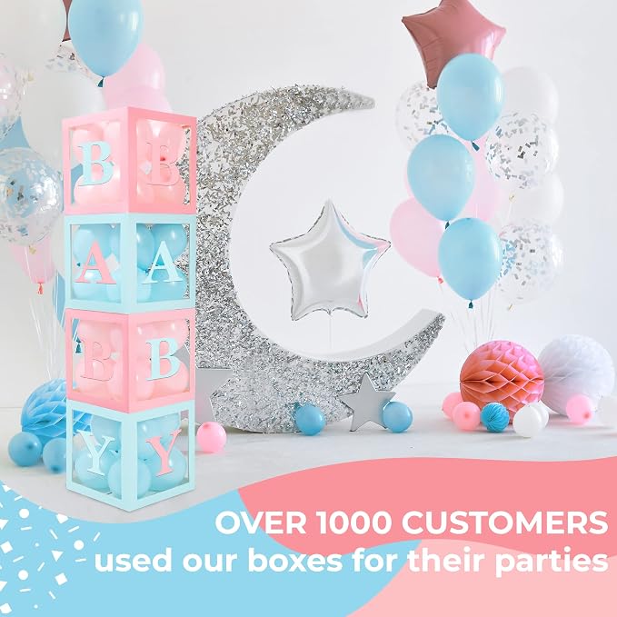 44-Piece Baby Shower Decorations for Boy or Girl - 4 Boxes with Letters and 32 Balloons - Macaron Blue and Pink - Gender Reveal Party Supplies - Complete Decoration Kit