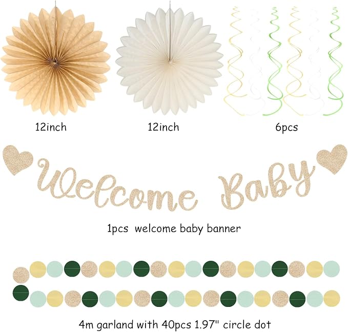 Sage Green White Welcome Baby Shower Party-Decorations - 22pcs Girl Boy Woodland Champagne Gender Neutral Banner, Paper Lanterns Streamers,Tissue Paper Pom Poms Flowers Fans Garland Decor Sign Hugmoon