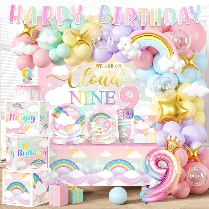 Cocomigo 303pcs On Cloud 9 Birthday Decorations for Girls, Worry-free One-stop Set for 25 Guests, with No-DIY Banner Thick Plates and Cupcake Toppers, Easy Setup for 9 Year Old Girl Birthday