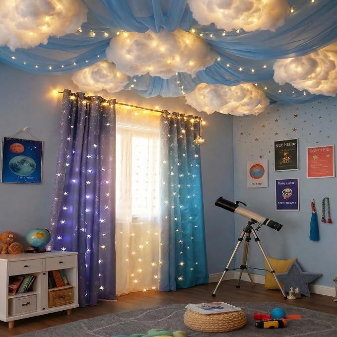 VioraWhite 15 Pcs Blue Sky White Cloud Ceiling Decor, 8 Pcs 60x12 ft Blue Sky Backdrop, 6 Artificial Cloud 3D Cotton for DIY Classroom Hanging Ornament Birthday Wedding Nursery Room with Light String