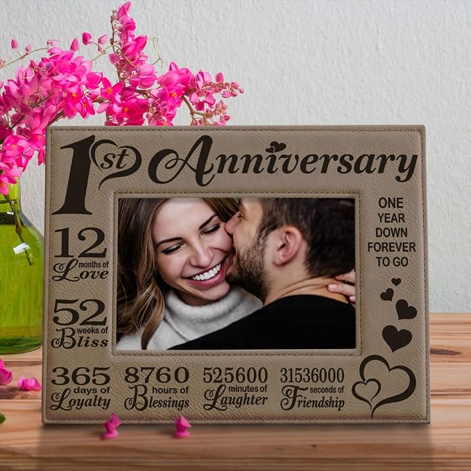 KATE POSH - Our First Anniversary Engraved Leather Picture Frame - Couple Gifts, Him & Her, Paper & First Wedding Anniversary Photo Gifts (5x7-Horizontal)