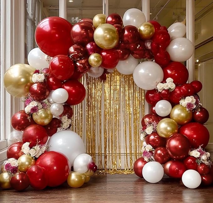 Red White Gold Balloon Arch Double Stuffed Burgundy Red Gold Pearl White Balloon Garland Kit Wine Latex Balloons for Mother's Day Birthday Wedding Engagement Graudation Party Decorations