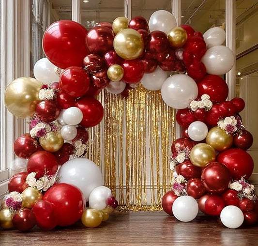 Red White Gold Balloon Arch Double Stuffed Burgundy Red Gold Pearl White Balloon Garland Kit Wine Latex Balloons for Mother's Day Birthday Wedding Engagement Graudation Party Decorations