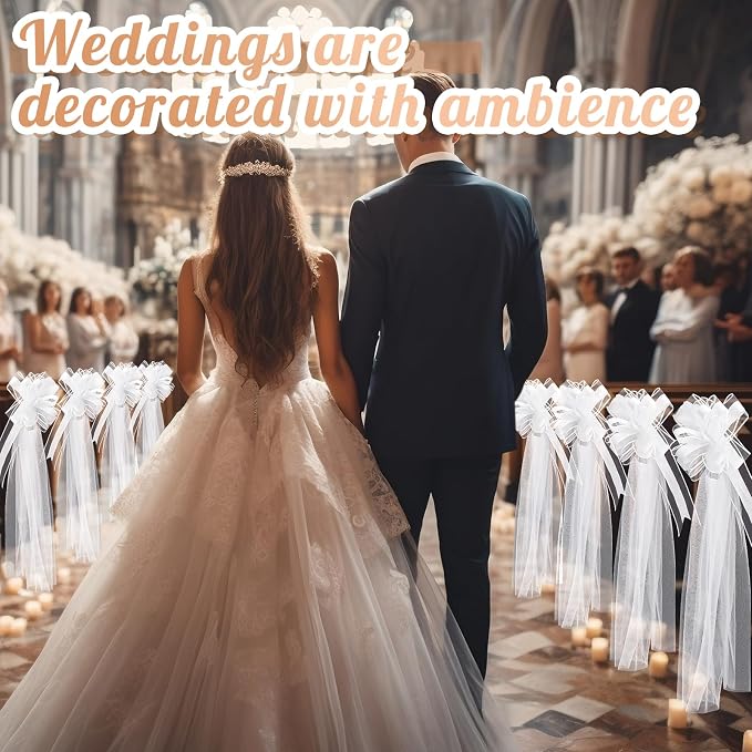 24 Set Large Wedding Pew Bows with Long Tulle Tails Church Chair Aisle Decorations Wedding Car Decoration Big Bows for Bridal Shower Reception Birthday Anniversary (White)