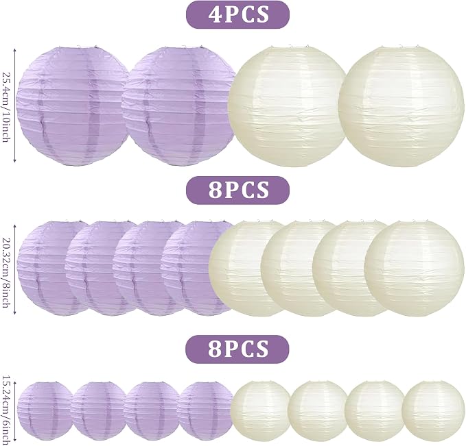 20Pcs Purple and Ivory Paper Lanterns 6"8"10" Inches Round Hanging Paper Lanterns Decorations for Wedding Graduation Birthday Party Bridal Shower