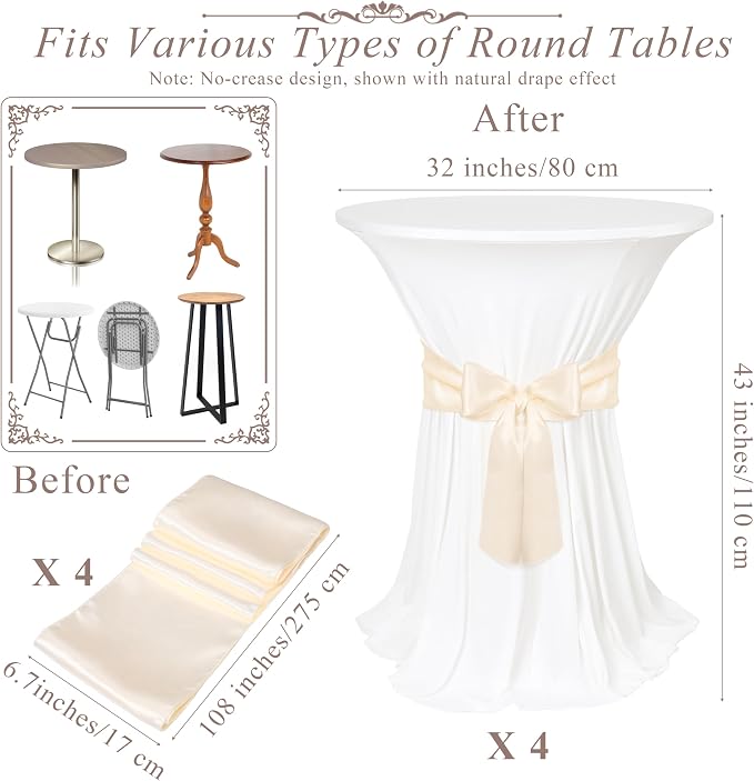 Kochorie 4 Set Cocktail Table Covers with Satin Sash, 32 x 43 Inch Round Cocktail Table Skirt, Spandex Stretch High Top Tablecloth for Wedding Banquet Birthday Party Decorations, (Ivory, Champagne)