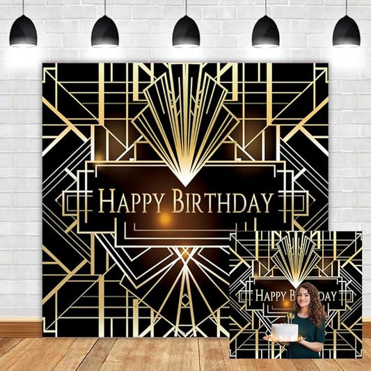 Leyiyi 8x8ft Luxurious Photography Backdrops Luxury Geometric 1920s Black and Gold Background Happy Birthday Backdrop Banner for Photography or Party Decoration