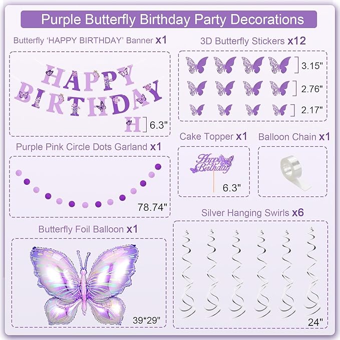 20th Purple Birthday Decorations for Women, NANINUNENO Purple Pink 20th Birthday Decorations Butterfly Theme Lavender Party Decor Set with Number Balloons, Banner, Sash, Butterfly Stickers