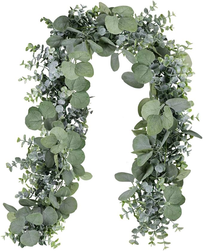 Winlyn 5.9' Long Faux Silver Dollar Eucalyptus Leaves Greenery Artificial Garland in Grey Green for Wedding Arch Swag Backdrop Doorways Table Runner Indoor Outdoor