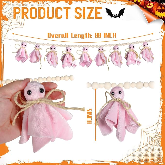 8.5Ft Pink Halloween Ghost Garland with Wooden Beads, Handmade Ghost Banner for Spooky & Cozy Home, Indoor Halloween Decor for Fireplace
