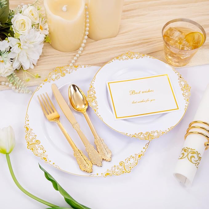 Hioasis 350pcs White and Gold Plates - White Party Plates for 50 Guest, Include 100 Heavy-duty Plates(20% Thicker Than Standard), 150 Cutlery Set, 50 Napkin, 50 Cups for Party & Wedding