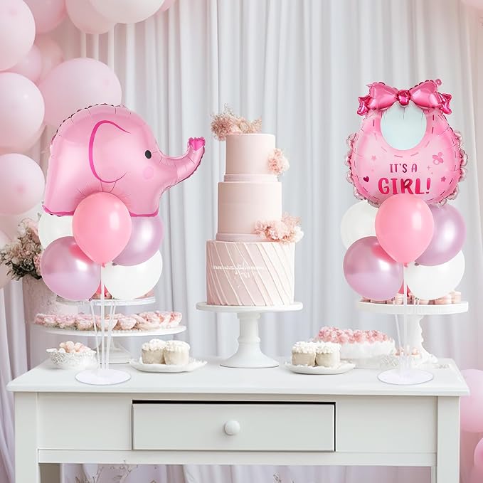 Elephant Baby Shower Decorations Party Balloons Stand Kit 2 Sets with Pink Elephant Foil Balloons Elephants It's a Girl Party Balloon Centerpieces for Tables for Girl Baby Shower Birthday Decorations