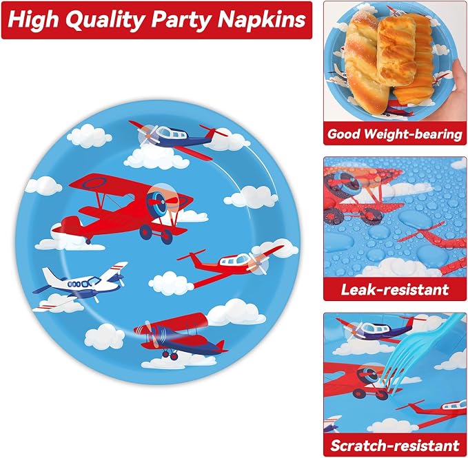 Qyeahkj 50 Guests Airplane Plates and Napkins Party Supplies Plane Party Decorations Disposable Tableware Set Blue Sky Helicopter Paper Cake Dessert Dinnerware Favor for Kids Boys Baby Shower, 200PCS