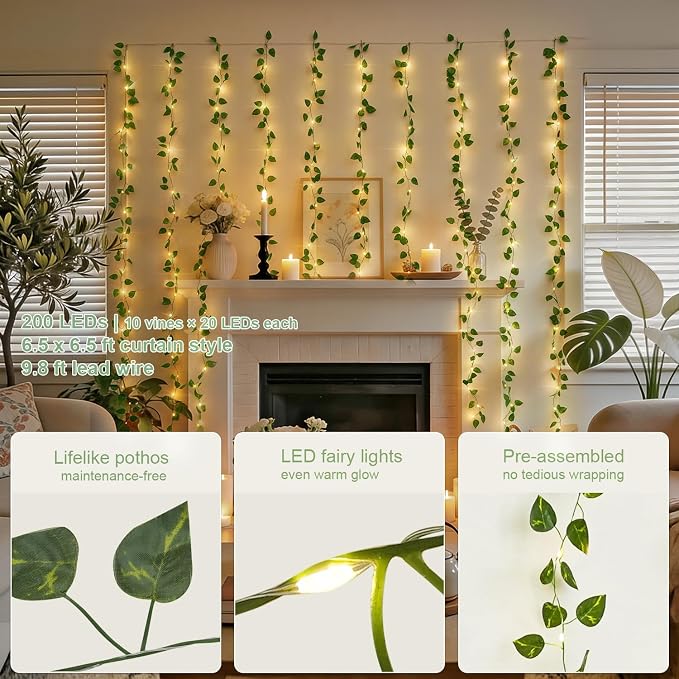 JMEXSUSS 200 LED Vine Lights Battery Operated & USB Powered, Pothos Vines with Fairy Lights Waterproof, Curtain Lights with Remote for Bedroom, Wedding, Dorm, Indoor, Outdoor Decor, 6.5x6.5ft