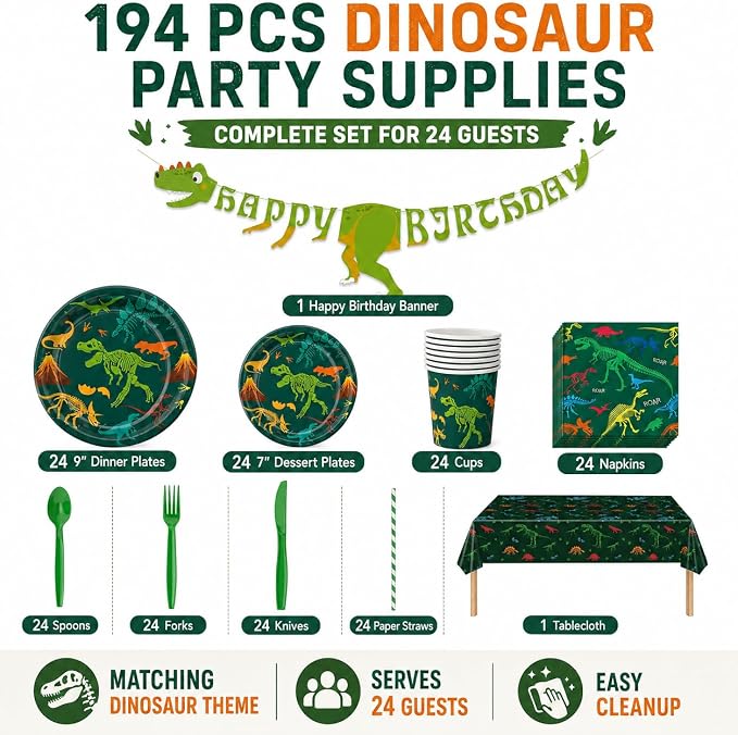 194 PCS Dinosaur Birthday Party Supplies, Dino Tableware Set for 24 Guests with Plates, Cups, Napkins, Straws, Forks, Spoons, Knives, Tablecloth & Banner, Decorations for Boys Kids Baby Shower