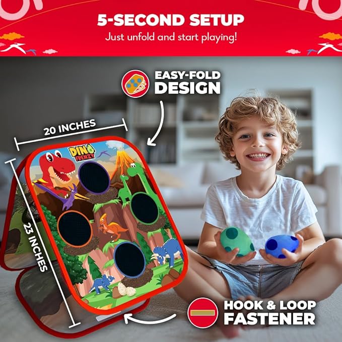 Swooc Games® - Dino Frenzy | 2-in-1 Corn Hole Games for Kids | 5-Second Setup | Dinosaur Bean Bag Toss Game for Kids | Kid Cornhole Game Set | Toddler Party Activity | Outside Bean Bags Kid Tossing