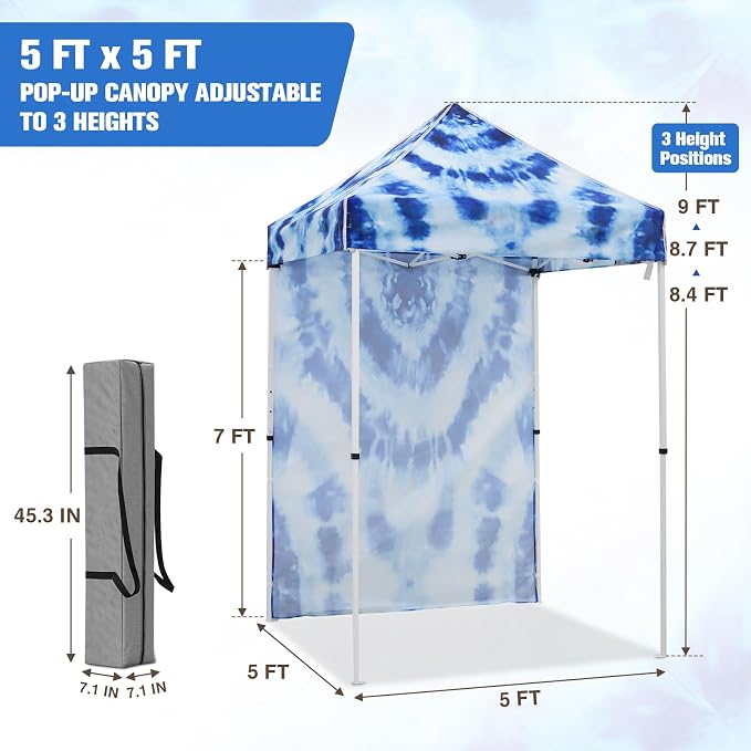 EAGLE PEAK Pop up Canopy 5x5, Outdoor Portable Canopy Tent with One Removable Sunwall, Carry Bag Included, Tie Dye Blue
