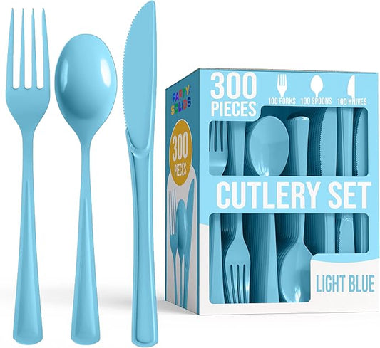 Party Solids Light Blue Plastic Silverware Heavy Duty 300 Pieces Light Blue Disposable Silverware Heavy Duty, Utensil Sets, 100 Of Each Forks, Knives & Spoons Disposable Cutlery Set For Party Supplies