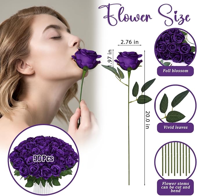 90pcs Fake Dark Purple Roses Artificial Flowers Bulk Realistic Silk Faux Rose with Stems for Wedding Decoration Anniversary Bridal Bouquet DIY Floral Arrangement Romantic Home Decor Gifts